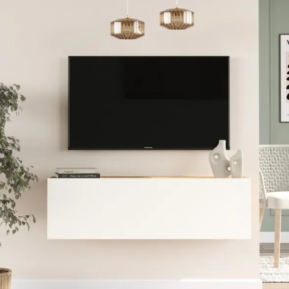 Mobile TV Sospeso 100x32x30 Bianco E Rovere Effetto Legno Con Vano Frame