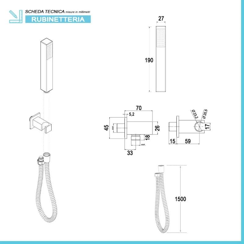 Set doccia cromo con doccino quadrato, presa acqua e flessibile