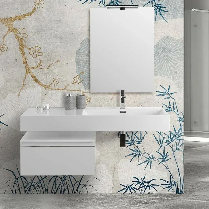 Mobile bagno sospeso 60 cm bianco lucido lavabo 120 destro e specchio Iside