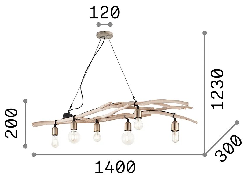 Sospensione Industrial-Minimal Driftwood Legno Marrone 6 Luci E27