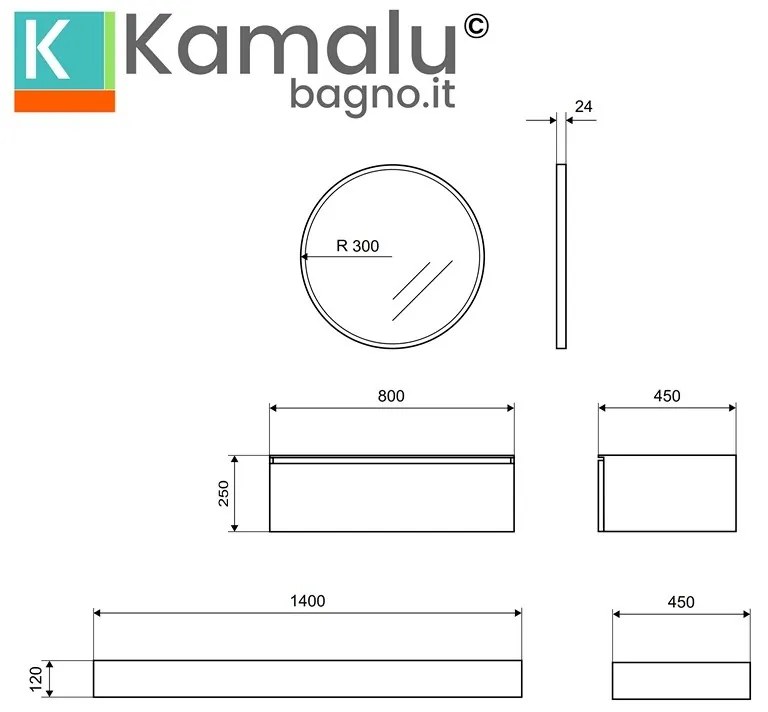 Kamalu - composizione bagno sospesa mobile 80cm e mensolone da 140cm | kam-kk801