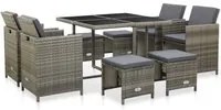 Set da Pranzo da Giardino 9 pz con Cuscini in Polyrattan Grigio