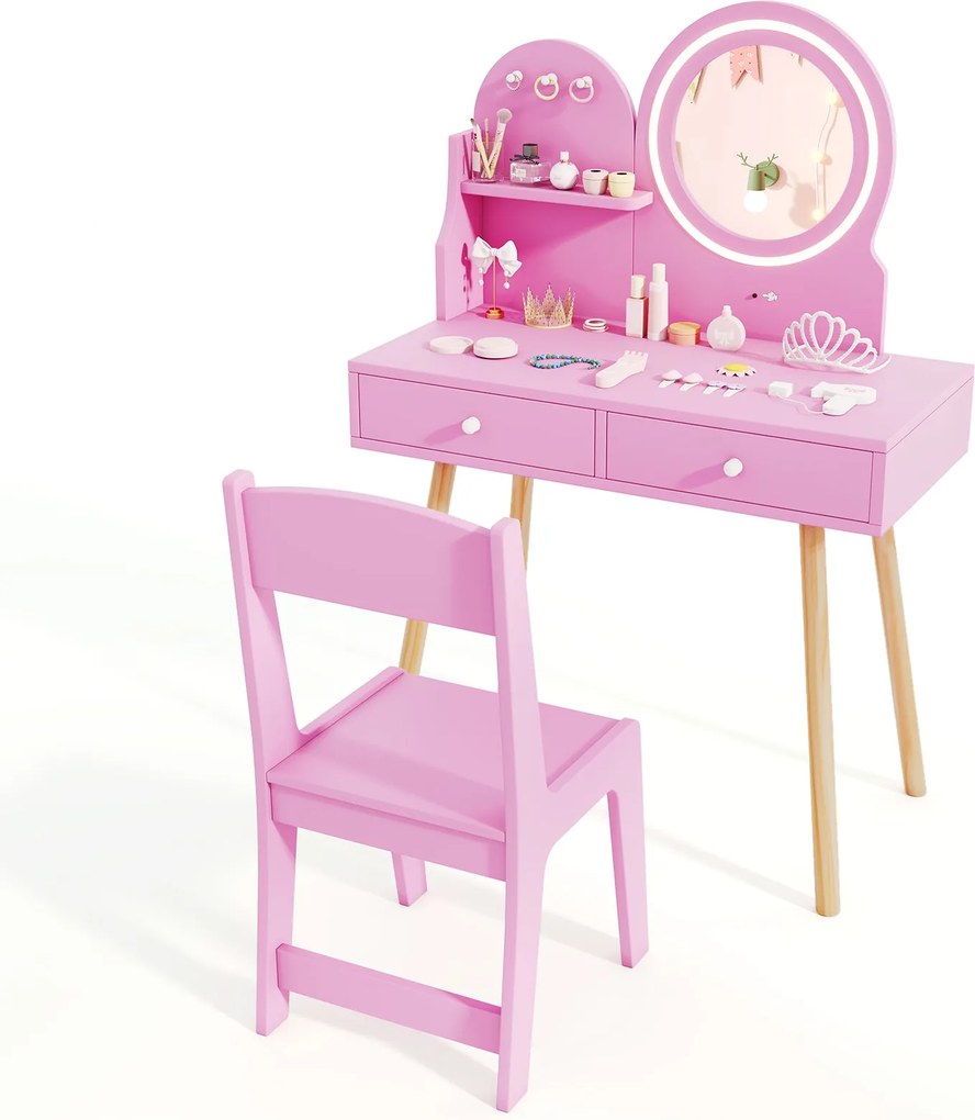 Costway Set da trucco per bambini con specchio illuminato, Set da tavolo e sedia da principessa con ripiano aperto 2 Colori