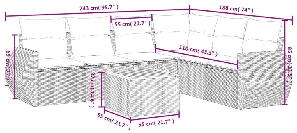 Set divani da giardino 7 pz con cuscini beige in polyrattan