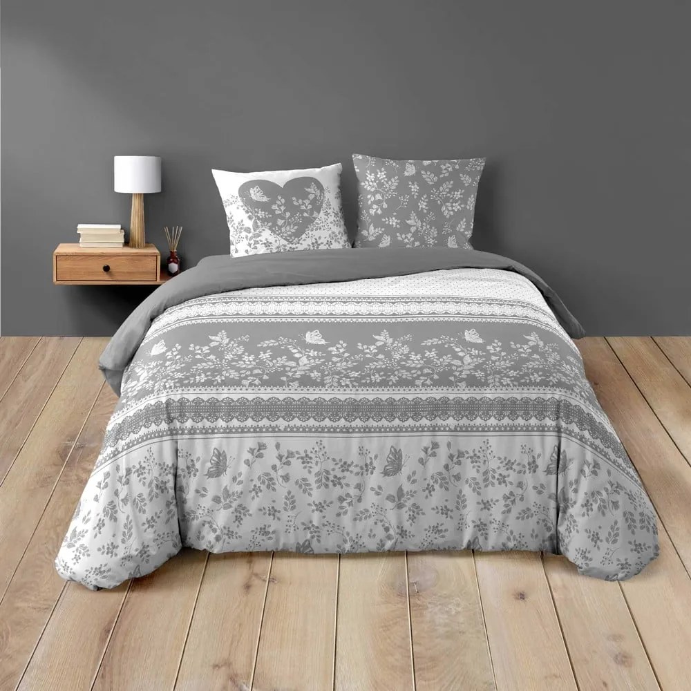 Set copripiumino e federa bianco/grigio in cotone per letto matrimoniale 200x200 cm Annie – douceur d'intérieur