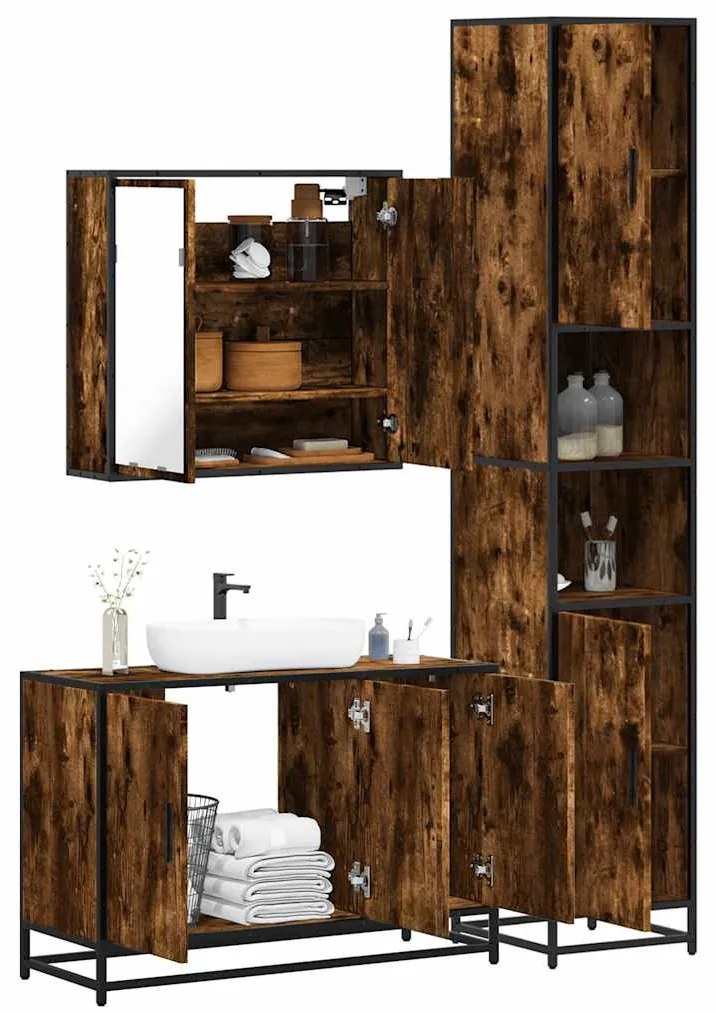 Set Mobili Da Bagno 3 Pz Rovere Fumo İn Legno Multistrato /