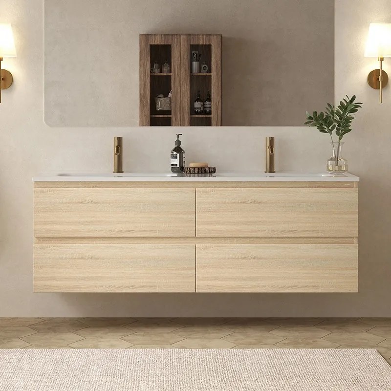 Mobile bagno 140 cm 4 cassetti doppio lavabo legno chiaro | KAM-HR140C - KAMALU