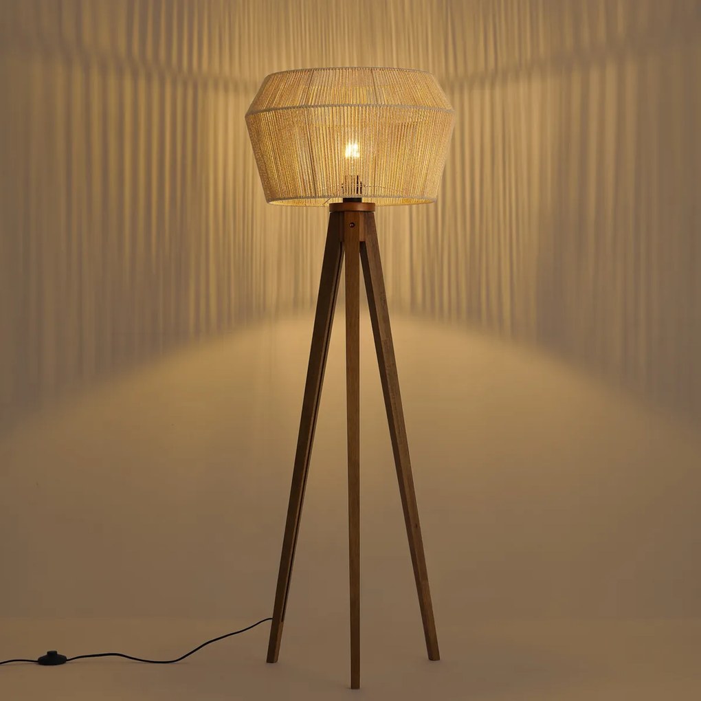 Lampada da terra vintage in legno con paralume in corda di carta marrone 50/50/30 - Tripod Classic