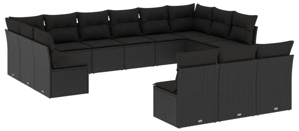 Set divani da giardino 13pz con cuscini nero in polyrattan