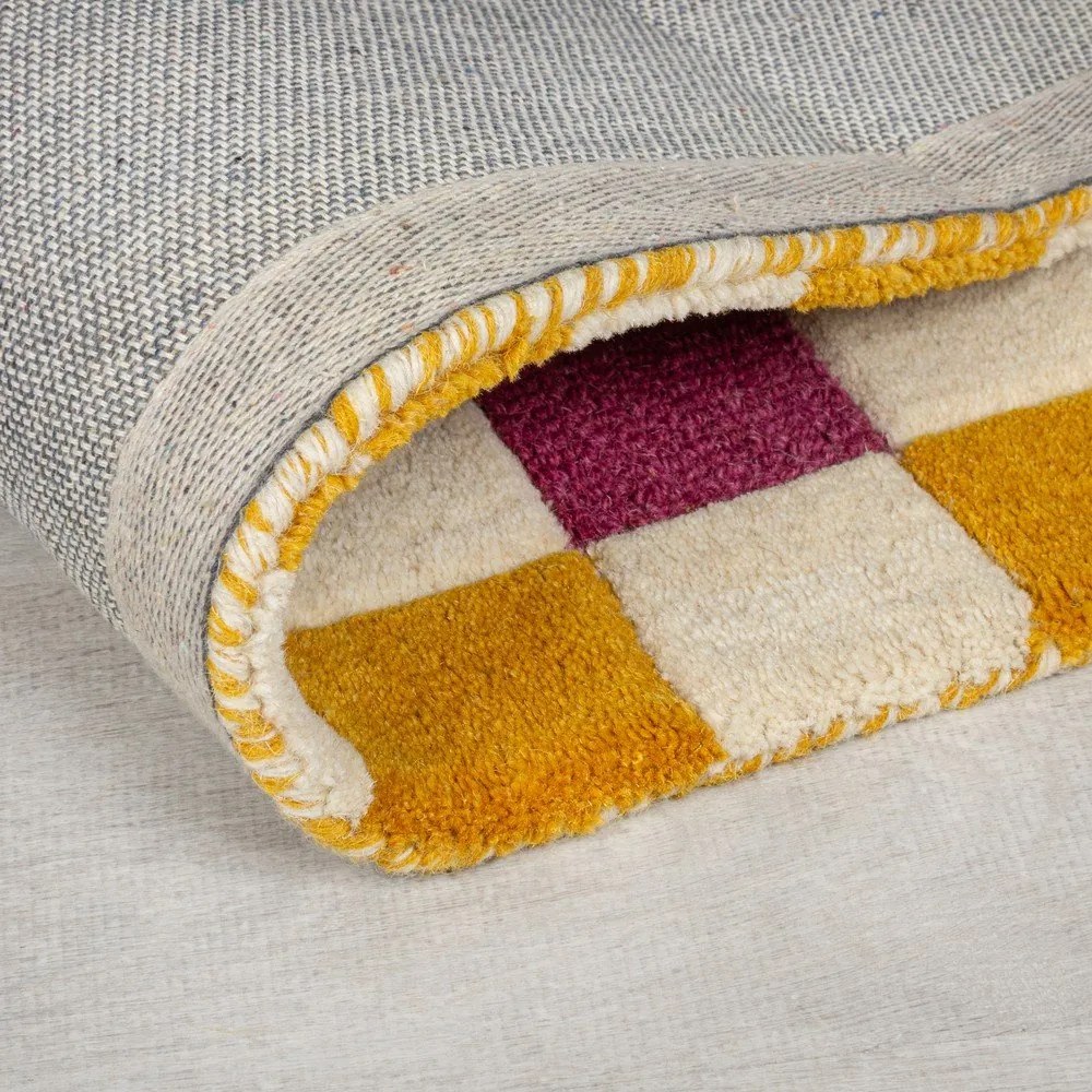 Passatoia in lana giallo-rosa intrecciato a mano 60x230 cm Kai Wool Border - Flair Rugs