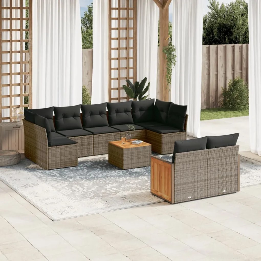 Set divano da giardino 10 pz con cuscini grigio in polyrattan