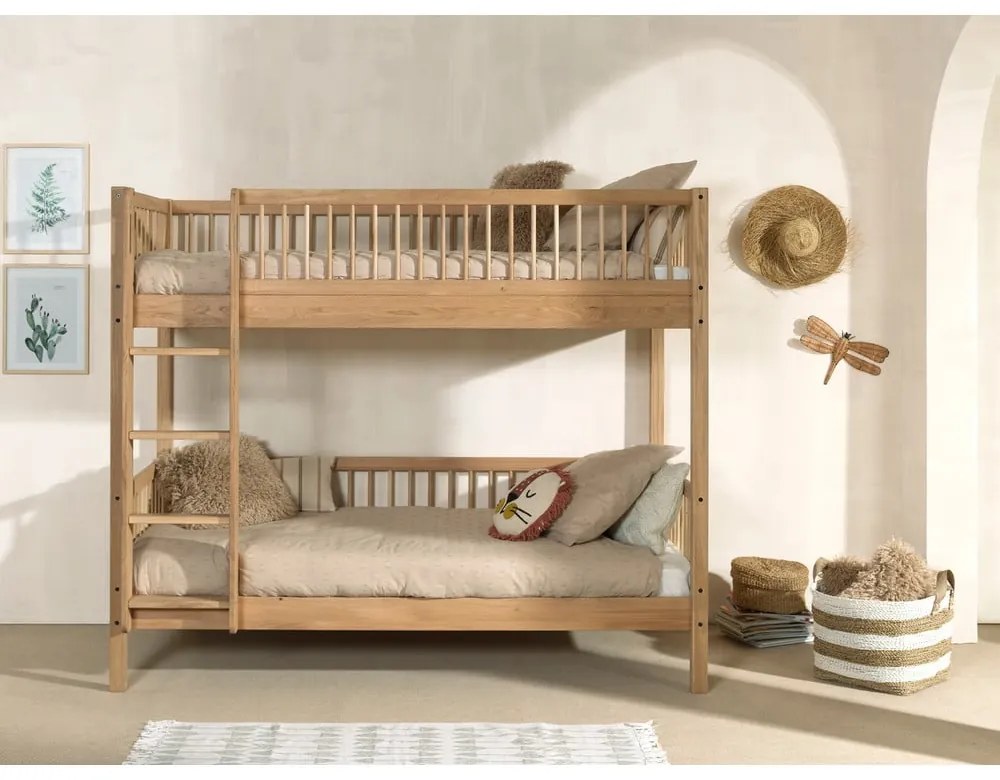 Letto da bambini a castello di colore naturale in rovere massiccio con rete inclusa 90x200 cm Forrest – Vipack
