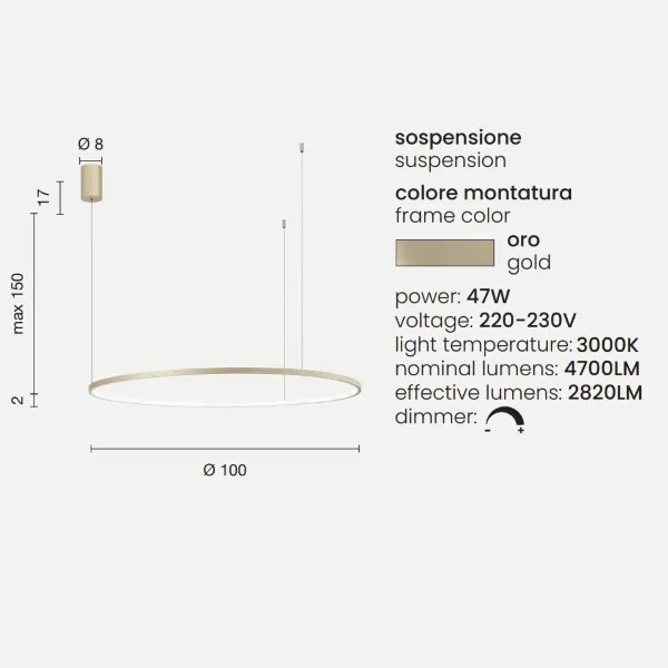 Lampada a sospensione a Led SOEL D100 cm in metallo verniciato ORO