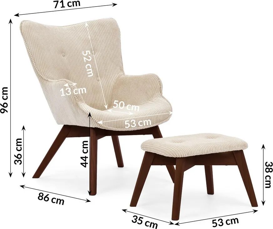 Poltrona con poggiapiedi beige con rivestimento in velluto a coste Niko – Ropez