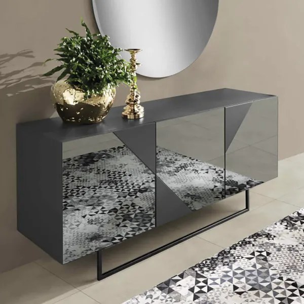 Madia credenza 3 ante in vetro specchio Fum cassa Antracite ARTE 180 con piedini sagomati