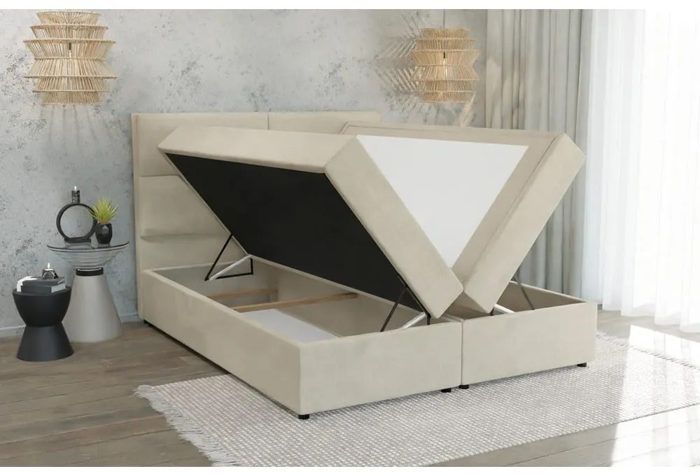 Letto matrimoniale imbottito beige con spazio contenitivo e rete 200x200 cm Rico - Ropez