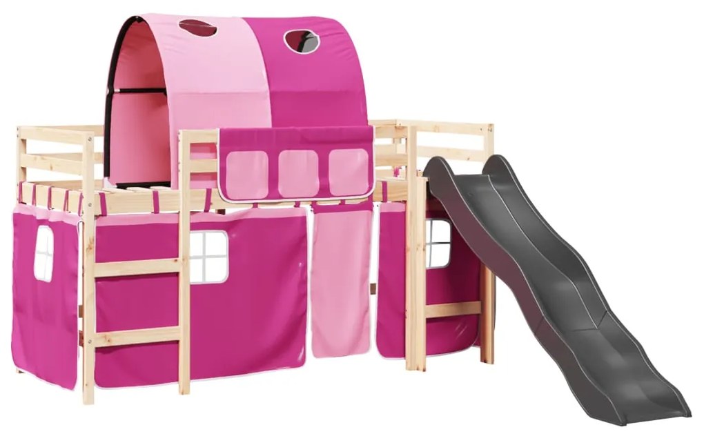 Letto a soppalco con tunnel bambini rosa 90x190cm massello pino