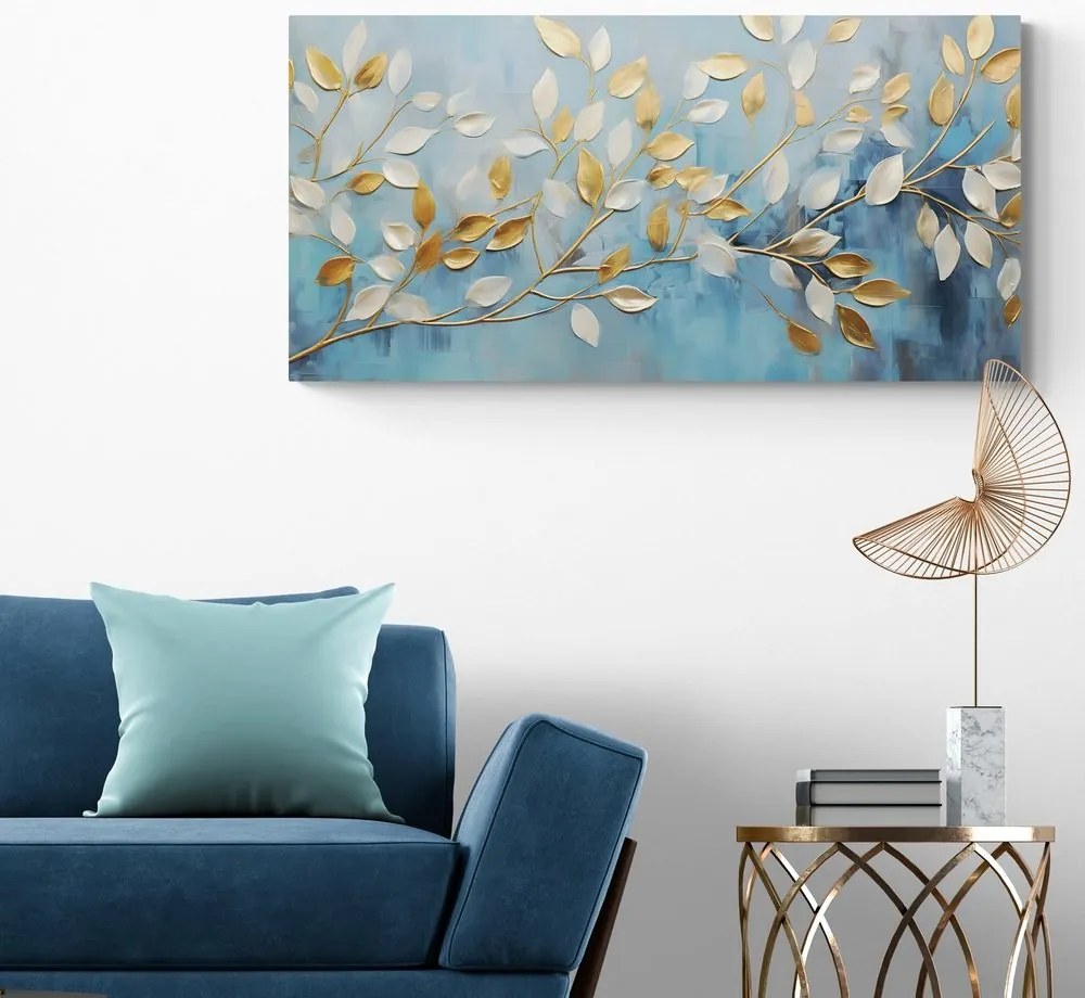 Quadro su tela – Foglie oro-bianche su sfondo blu