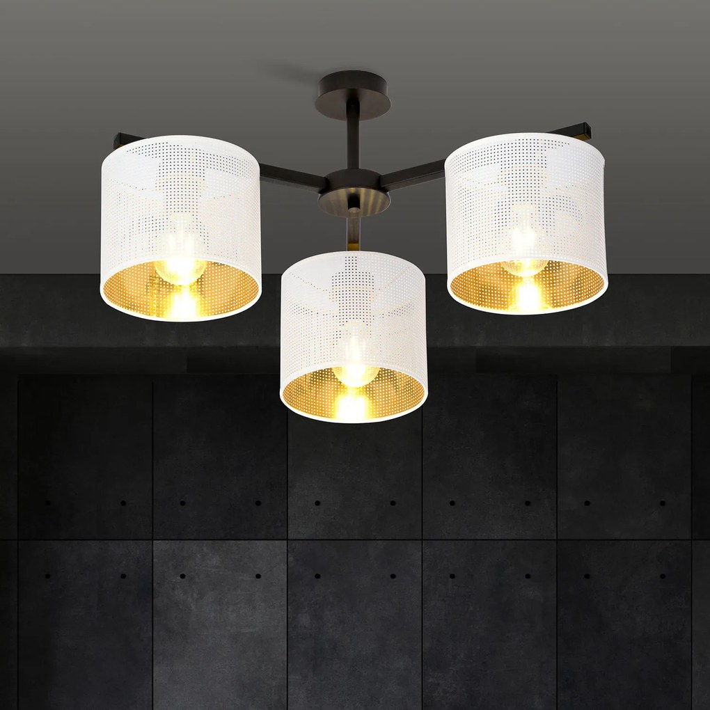 Plafoniera Industrial 3 Luci Cigno In Acciaio Bianco E Paralumi A Cilindro Oro