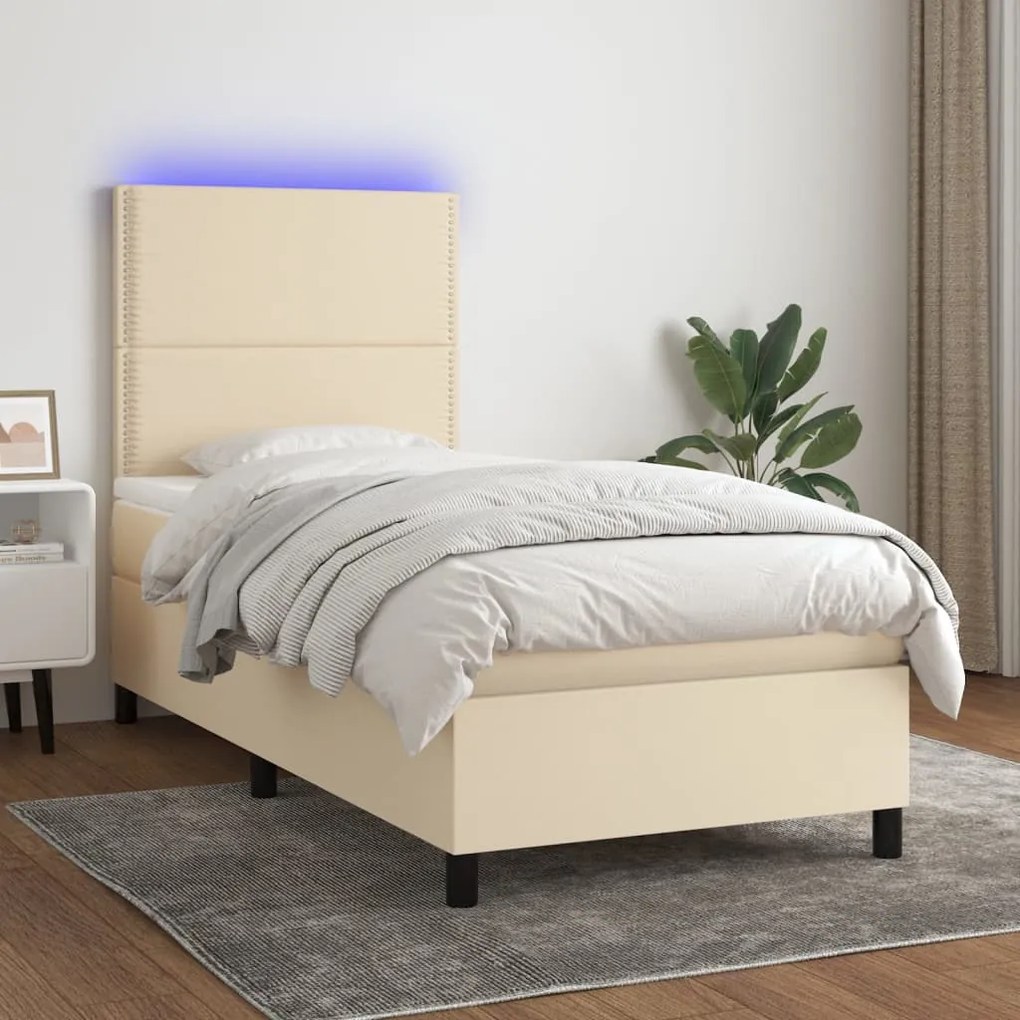 Letto a molle con materasso e led crema 80x200 cm in tessuto