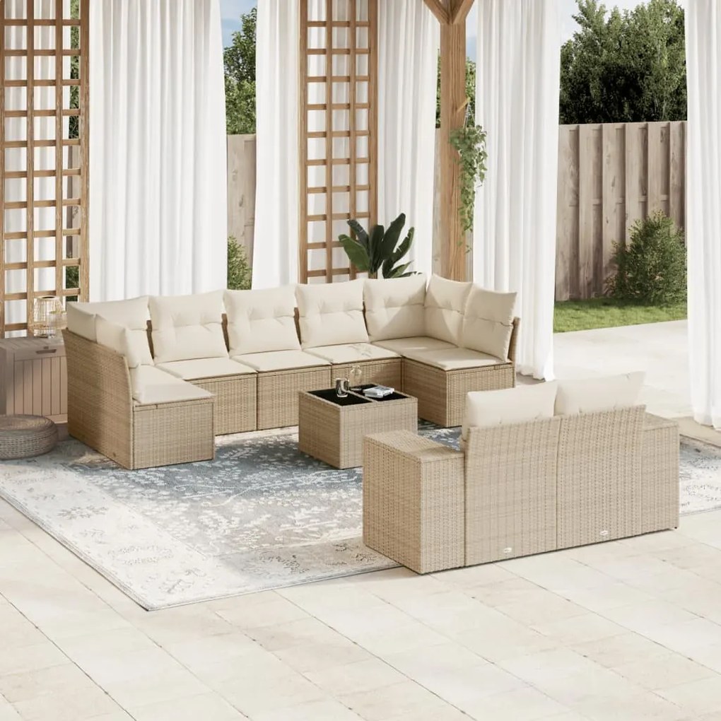 Set Divano da Giardino 10 pz con Cuscini Beige in Polyrattan