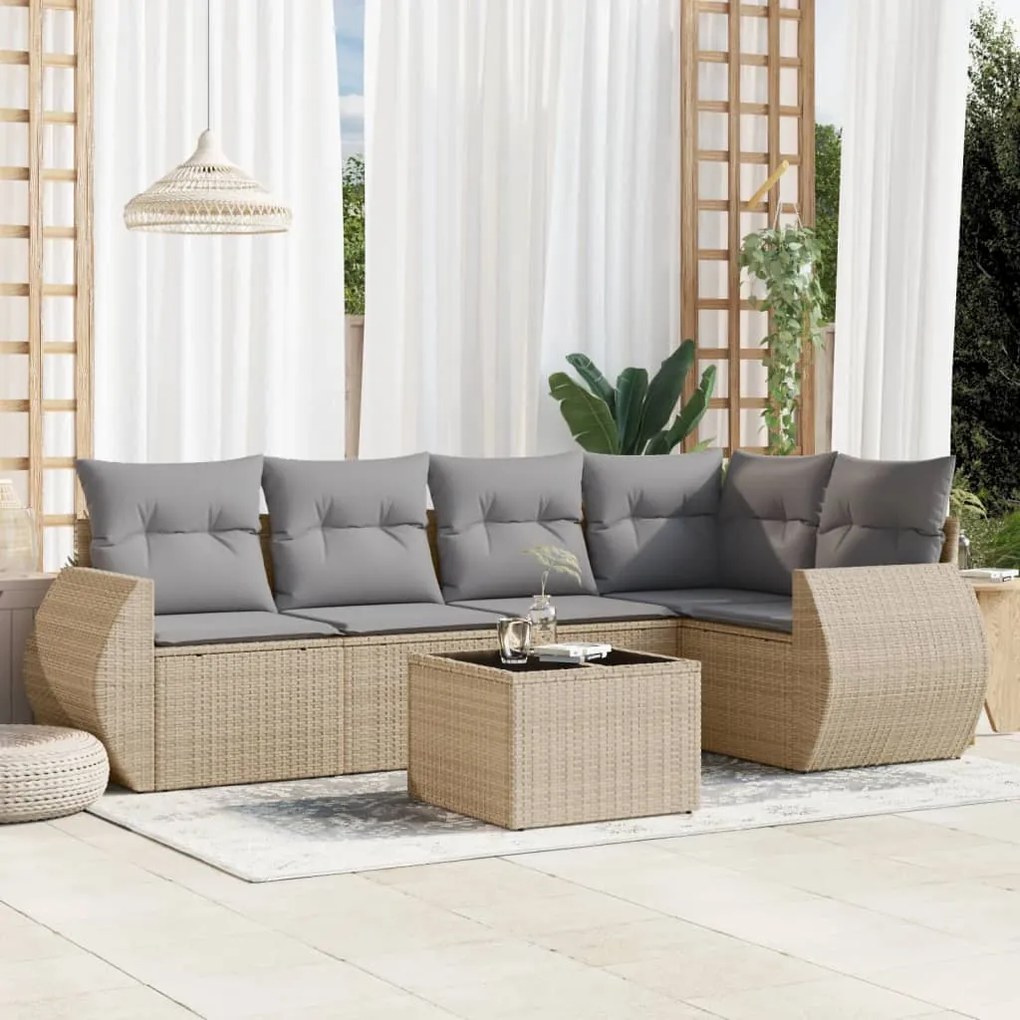 Set Divano da Giardino 6 pz con Cuscini Beige in Polyrattan