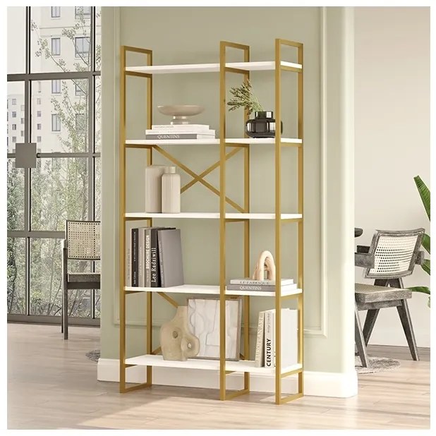 Libreria 88x30x175 Cm 5 Ripiani Oro E Bianco Doppio Modulo Decus