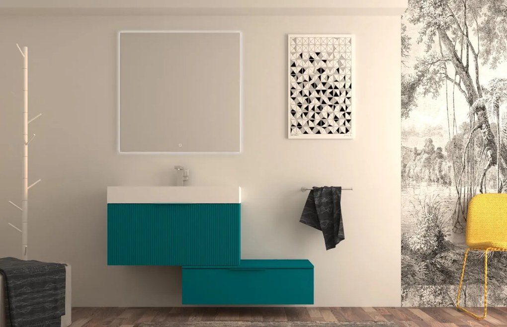 Mobile da bagno sospeso sotto lavabo L 90 x H 43 x P 44 cm blu laccato opaco, 2 cassetti BADEN HAUS Modula