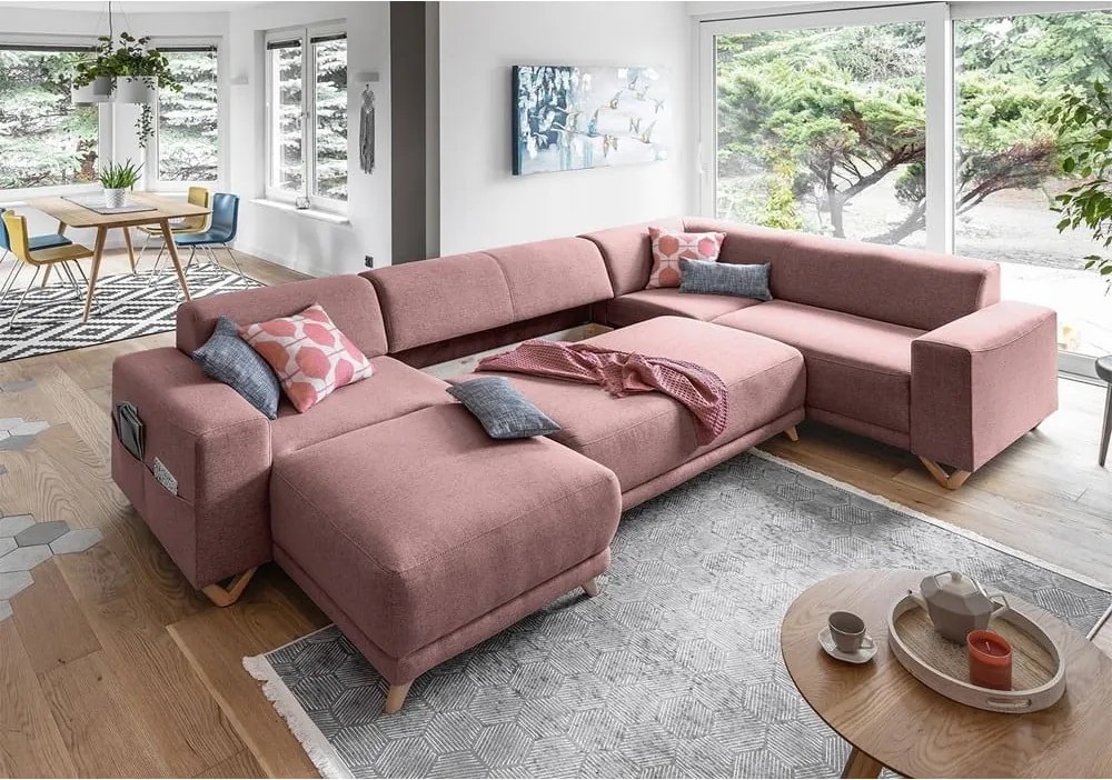 Divano angolare rosa allungabile e con contenitore (penisola a destra/a U) Classy Sophie – Miuform