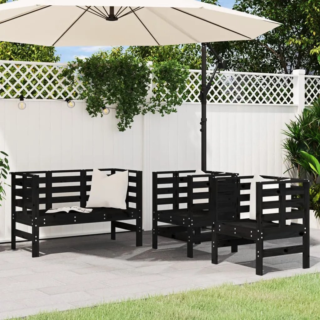 Set salotto da giardino 3 pz nero in legno massello di pino