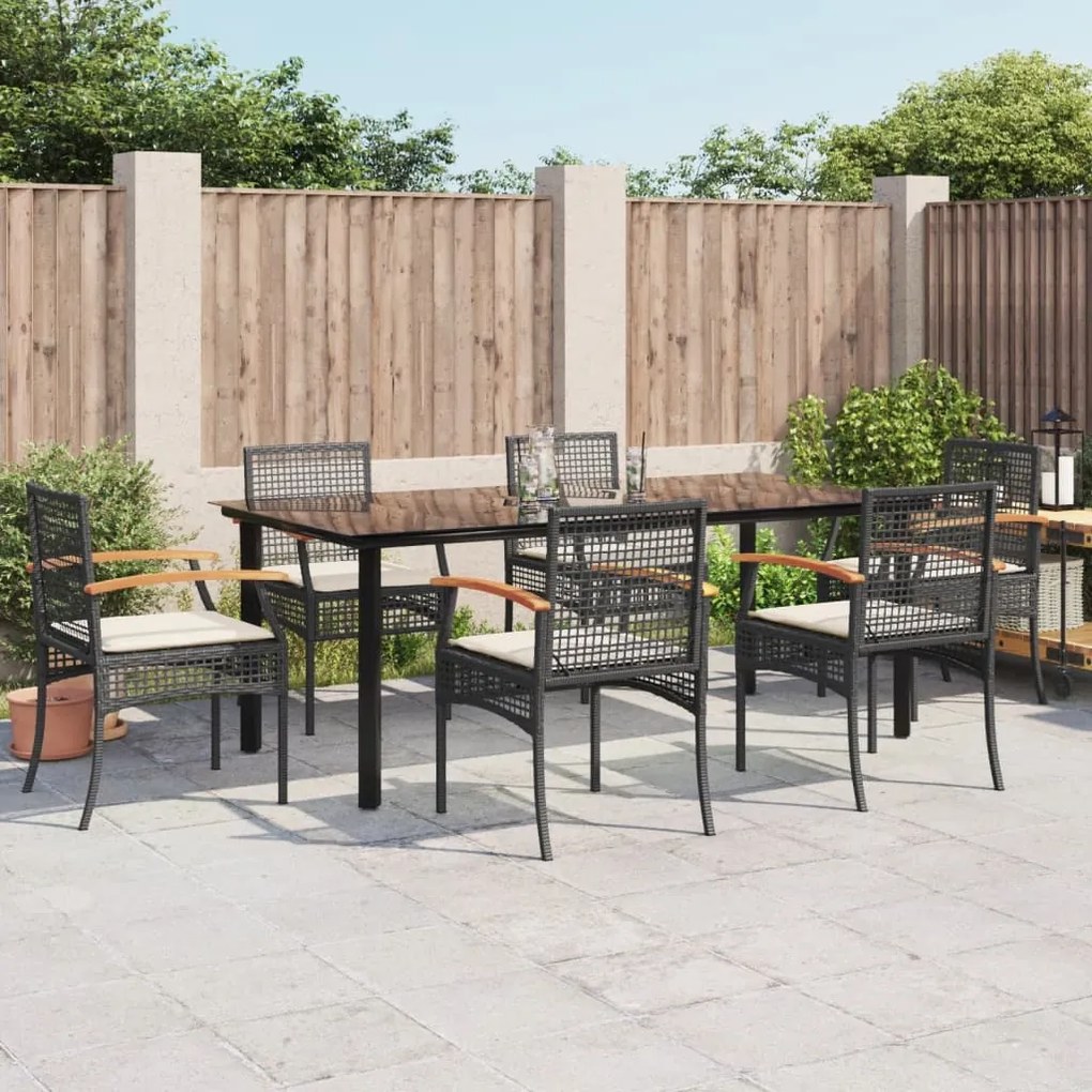 Set da pranzo da giardino 7 pz nero con cuscini in polyrattan