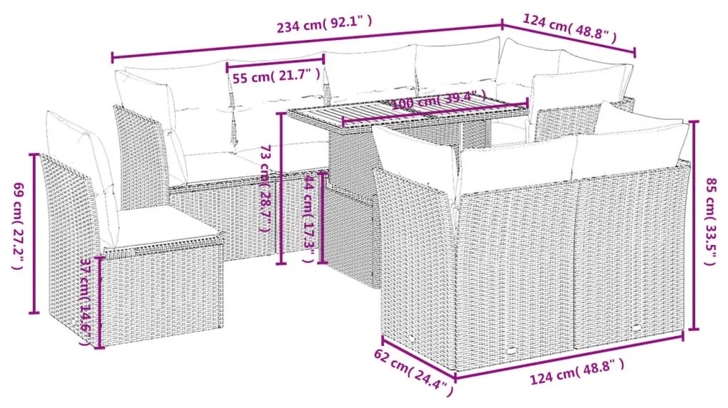 Set divano da giardino 9 pz con cuscini beige in polyrattan