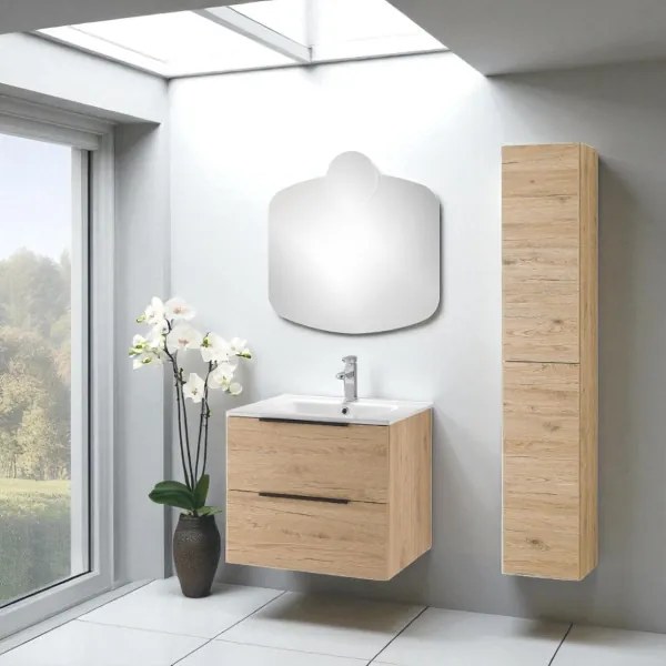 Mobile sospeso bagno 60 cm con specchio e applique LED BALI Quercia Naturale