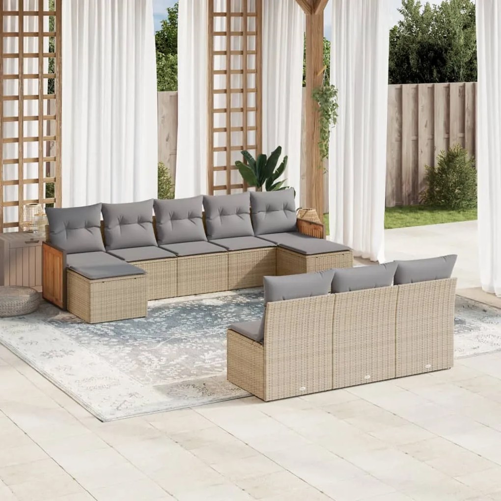 Set divano da giardino 10 pz con cuscini beige in polyrattan
