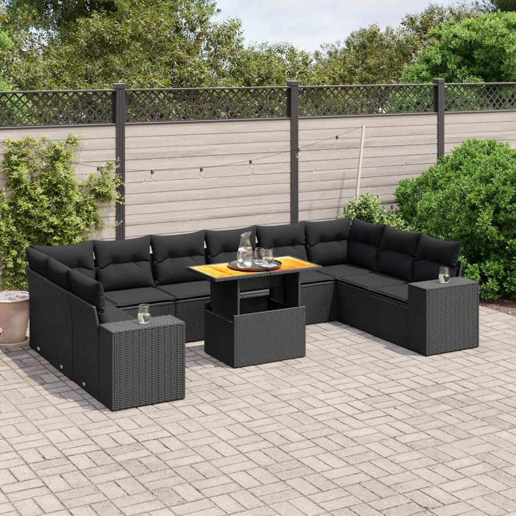 Set divani da giardino 11 pz con cuscini in polyrattan nero