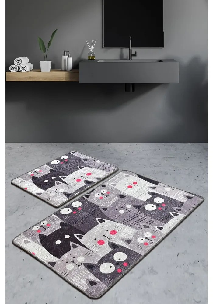 Tappetini da bagno grigi in set da 2 60x100 cm Meow - Foutastic