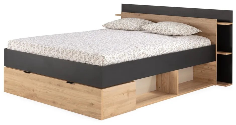 Letto matrimoniale effetto rovere con contenitore senza griglia in colore nero-naturale 160x200 cm Albo - Marckeric