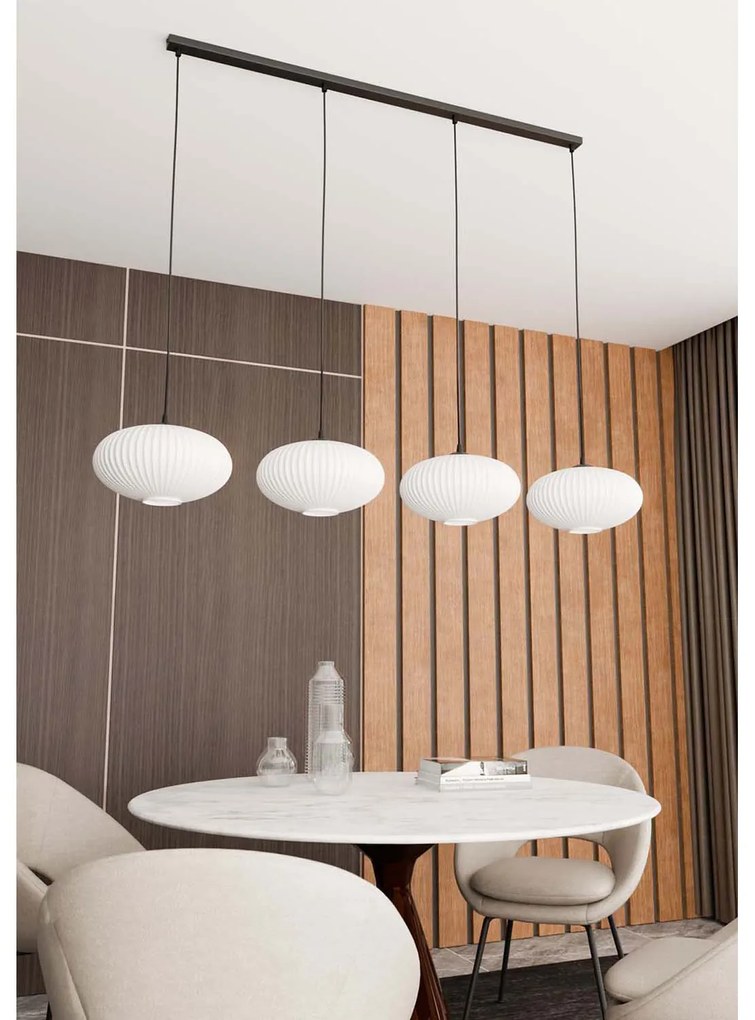 Lampadario 4 Luci Iris In Acciaio Nero Paralume Plissettato Bianco