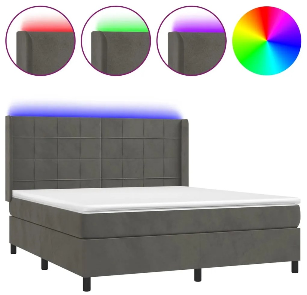 Letto a Molle con Materasso e LED Grigio Scuro 180x200 cm