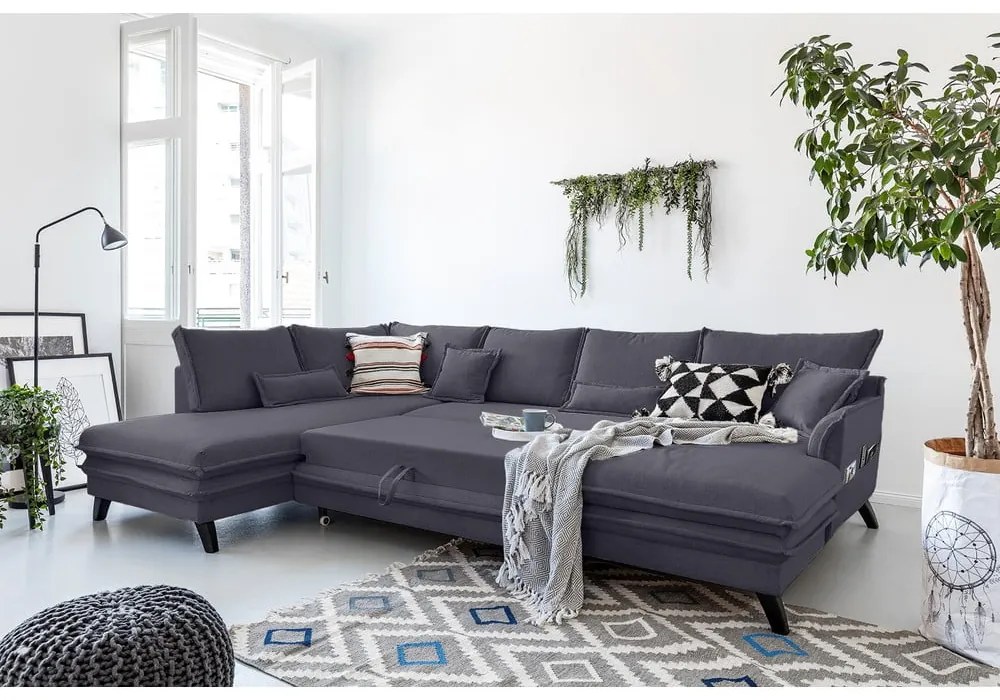 Divano letto antracite a "U", angolo sinistro Charming Charlie - Miuform