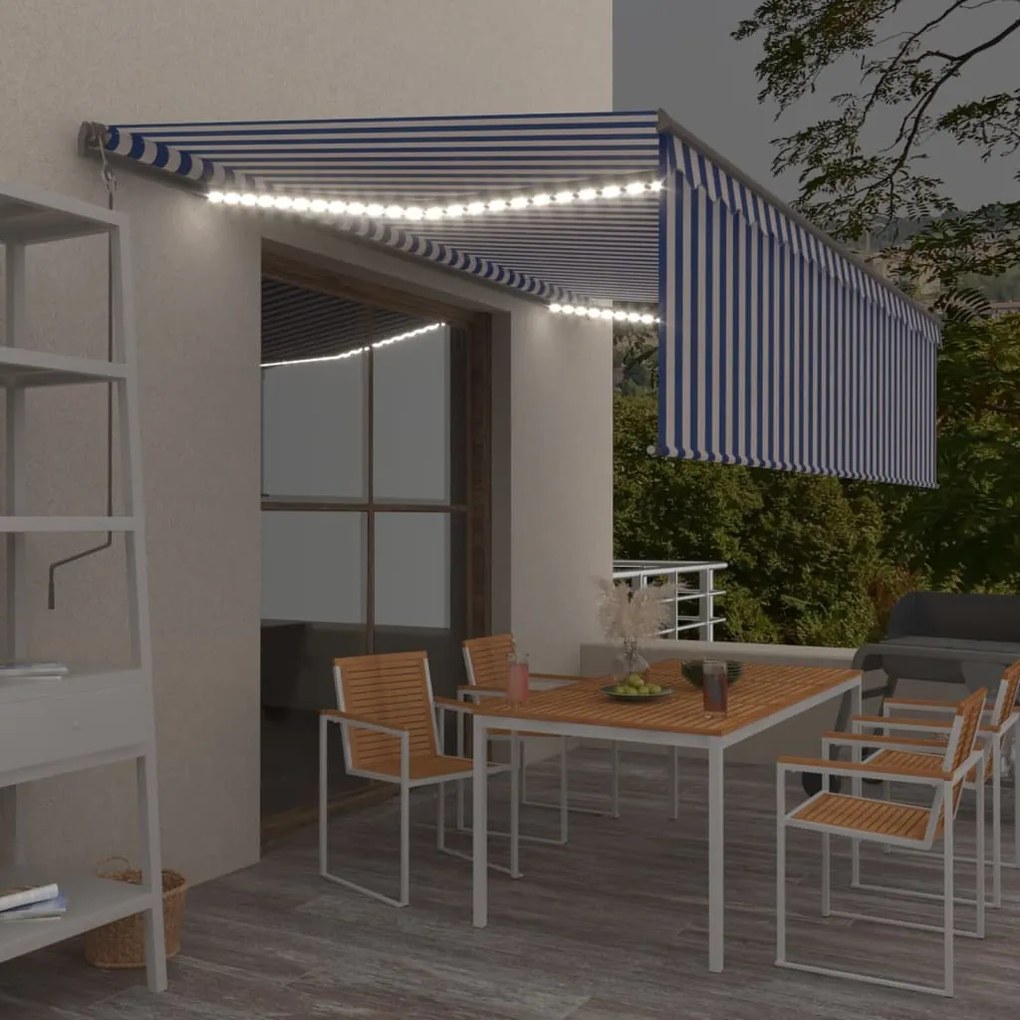 Tenda Sole Retrattile Manuale Con Led 5x3m Blu E Bianco /