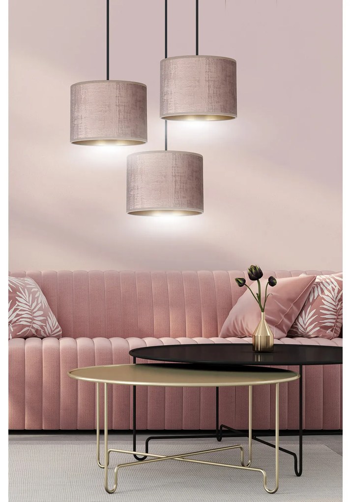 Lampadario Tondo 3 Luci Ganesha In Acciaio Nero E Paralumi In Tessuto Rosa