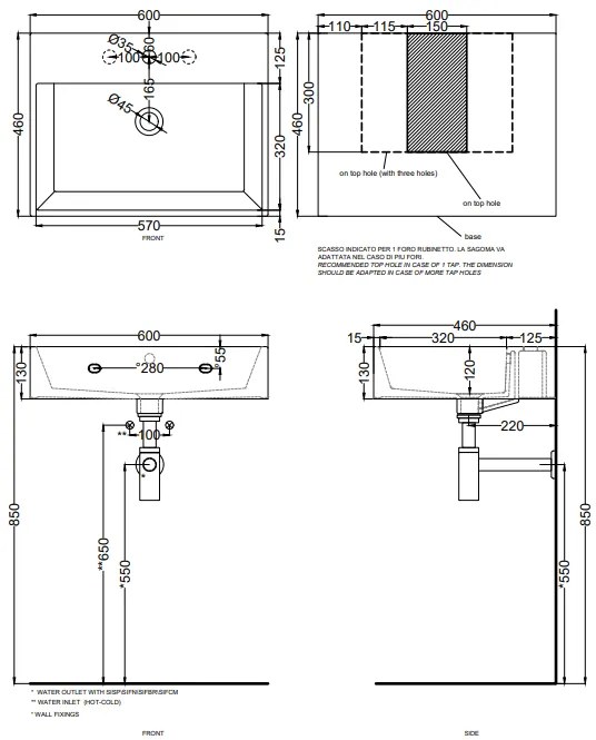 Cielo Smile lavabo 60x46 monoforo rettangolare sospeso o da appoggio con troppo pieno in ceramica lavagna