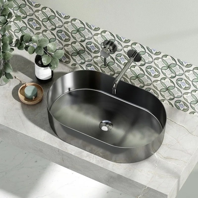 Kamalu - lavabo da appoggio in acciaio inox gun metal con finitura spazzolata | kj5500gm