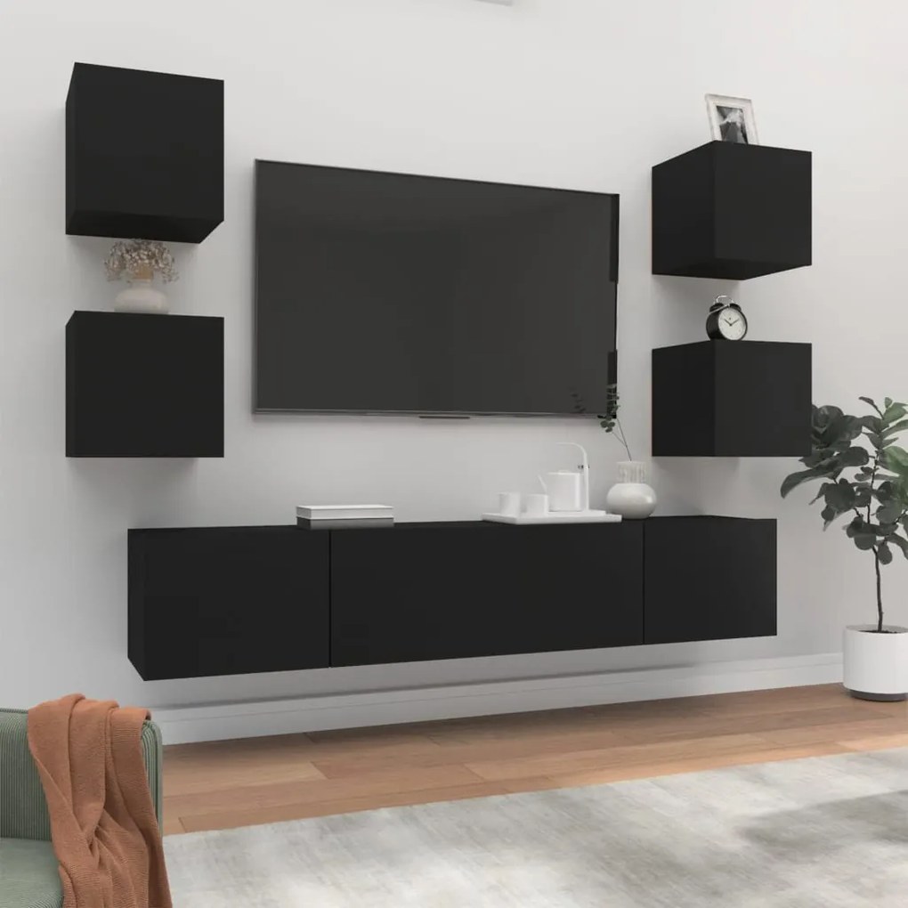 Set Mobili Porta Tv 6 Pz Nero İn Legno Multistrato /