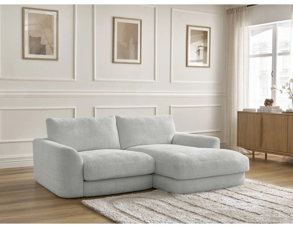 Divano angolare grigio chiaro (con penisola a destra/con chaise lounge) con rivestimento in ciniglia Leonore – Bobochic Paris