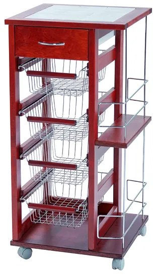 Carrello salvaspazio con cesti portafrutta e portabottiglie Ciliegio