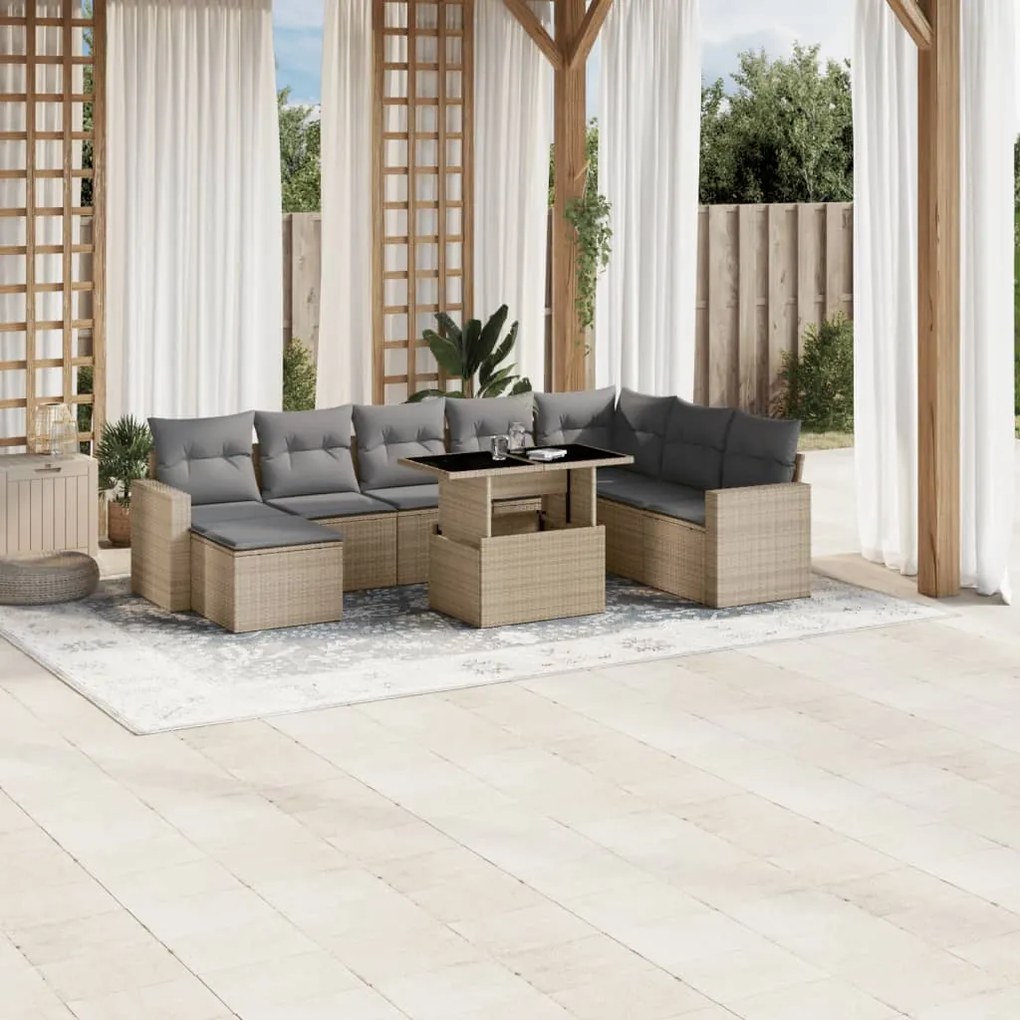 Set divano da giardino 9 pz con cuscini beige in polyrattan