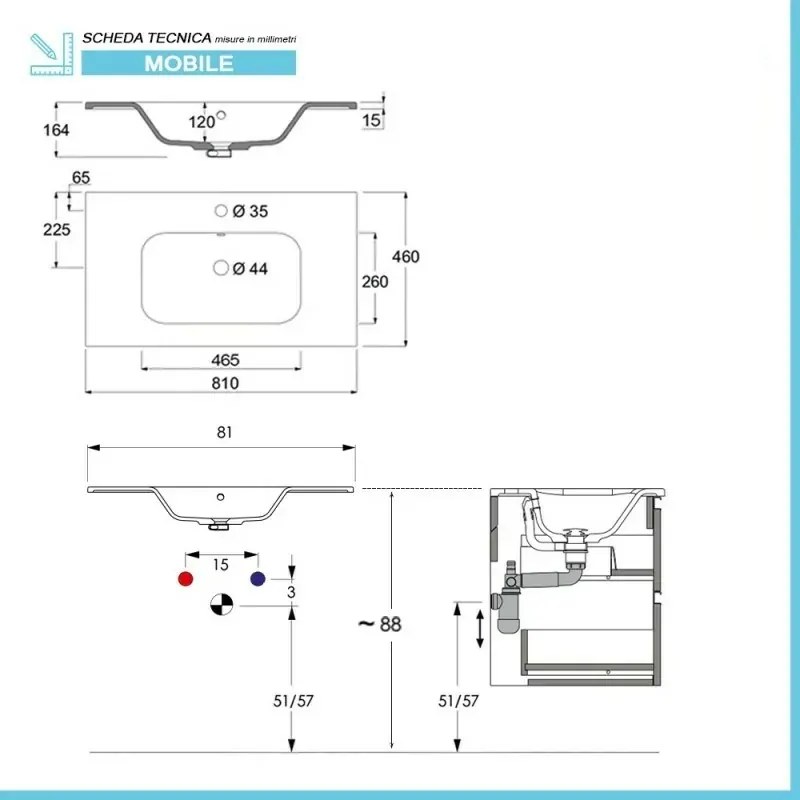 Mobile bagno sospeso 80 cm in legno tabacco e tortora con 2 cassetti, lavabo e specchio Smok
