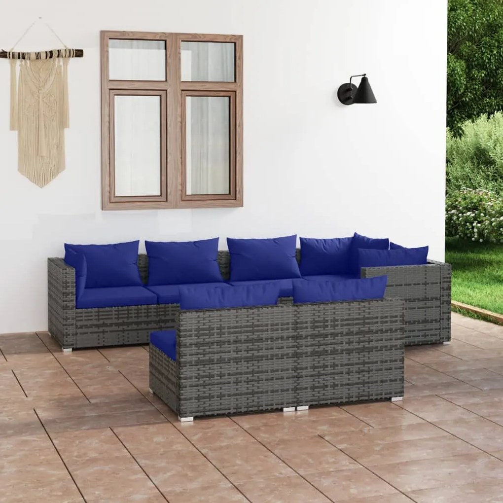 Set Divani da Giardino 7 pz con Cuscini in Polyrattan Grigio